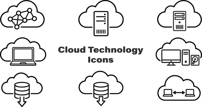 Collection of cloud technology icons featuring servers data and networking concepts