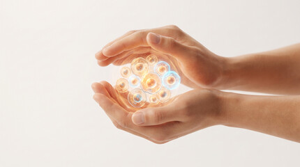 Obraz premium Human hands gently cradle glowing cells, representing life science and medical research