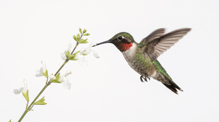 Fototapeta premium Ruby-throated hummingbird drinks nectar from delicate white flowers