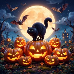 Fototapeta premium Cute black cat standing jack-o-lanterns pile, bats full moon haunted house, autumn leaves starry night. Halloween illustration theme