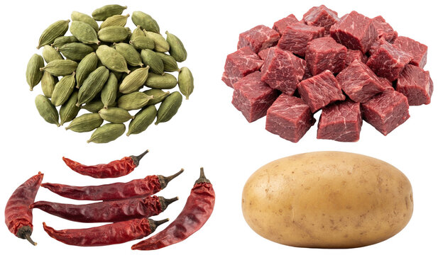 A set of essential ingredients for Massaman curry including cardamom pods, potato, beef chunks and dried red chilies.