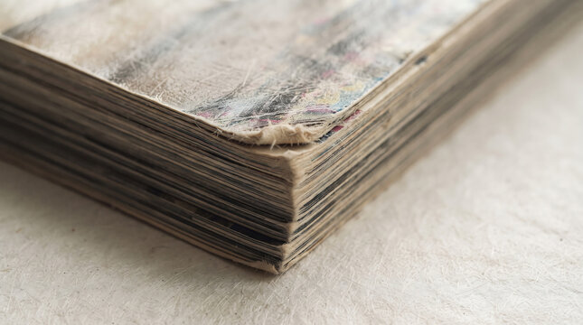 Close up of worn magazine edge showing layered paper pages and frayed cover on textured white
