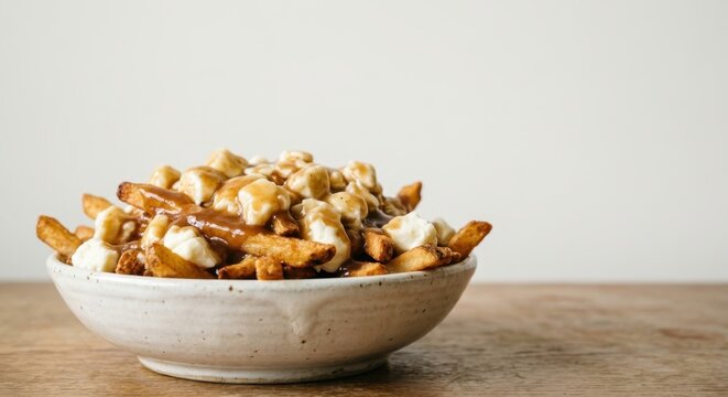 Authentic Canadian poutine with crispy golden french fries, fresh squeaky cheese curds, and savory brown gravy served in a rustic ceramic bowl on a wooden table, delicious comfort food snack.