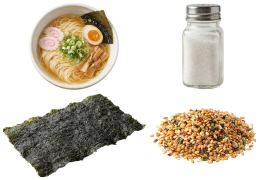 A collection of shio ramen ingredients and garnishes including a salt broth noodle bowl, nori, sesame seeds, and a salt shaker.