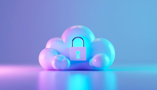 3D Isometric Cloud Security Concept with Glowing Padlock and Neon Purple-Blue Lighting