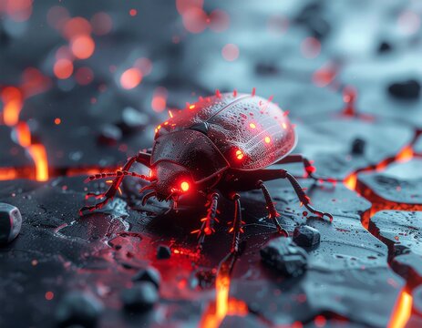 High Tech Computer Bug or Software Malware Concept with Glowing Red Beetle on Dark Surface