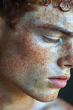 vertical frame Close-up of a person's face with noticeable freckles, great for beauty or personal use