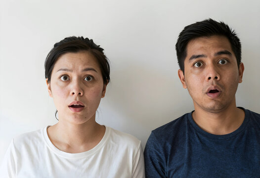 Shock and surprise, young couple with wide eyes and open mouths expressing disbelief or sudden news in a studio portrait against a plain background