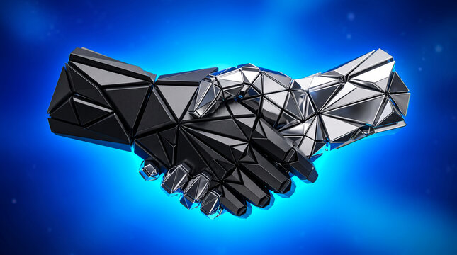 Geometric metal handshake symbolizing partnership and trust on blue background