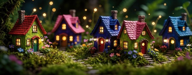 Obraz premium Magical miniature fairy village with tiny glowing houses in enchanted garden. Small colorful cottages nestled among green moss, flowers at night. Whimsical fantasy landscape features warm light from