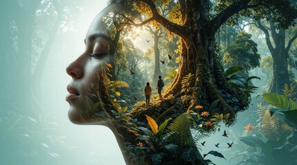 Fototapeta premium Double exposure of woman face with rich tropical jungle forest. People walk on tree branches inside human silhouette. Concept of eco biodiversity, nature connection, green earth sustainability.