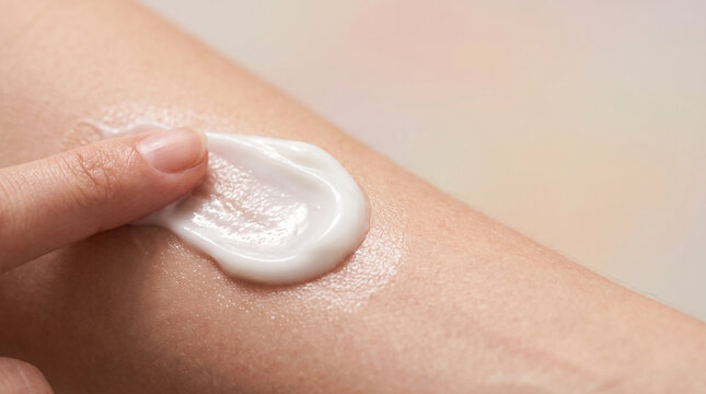 Finger applying rich white cream onto textured skin for hydration