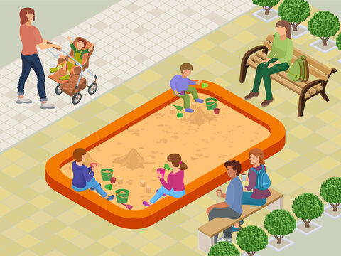 Isometric children playing in sandbox with parents sitting on benches