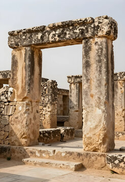 Archaeology and ancient history, stone ruins with carved pillars and megalithic architecture in a desert landscape for heritage and travel exploration
