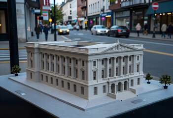Fototapeta premium Urban planning and architecture, miniature building model of a neoclassical government institution displayed on a city street for public consultation