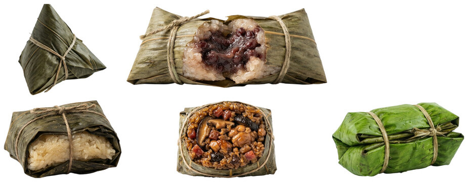 A collection of traditional Asian sticky rice dumplings wrapped in leaves, featuring savory and sweet fillings tied into festive bundles.