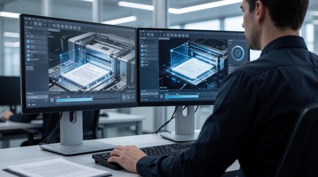 Male office worker monitors automated document scanning system on dual monitor setup. Pro uses digital interface for data digitization, workflow management. Tech specialist reviews high precision