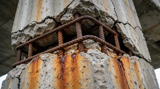 Close up of damaged concrete bridge pillar with exposed rusty rebar. Cracked cement shows structural decay, corrosion. Old construction column steel reinforcement due to aging, lack of maintenance.
