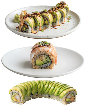 A set of three elegant dragon roll sushi variations featuring shrimp, spicy mayo, and avocado scale toppings.