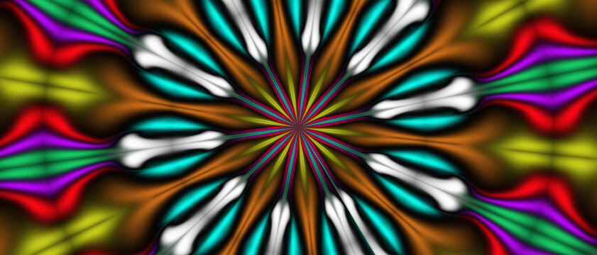 Vivid psychedelic symmetrical design featuring elongated turquoise, white, orange, green, and purple shapes radiating from a central point like an ornamental flower.