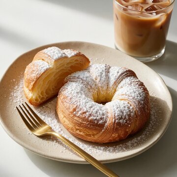 Delicious circular croissant pastry with powdered sugar on beige plate. Golden fork, iced coffee glass sit on white table. Tasty breakfast snack brunch dessert served in minimalist cafe style with