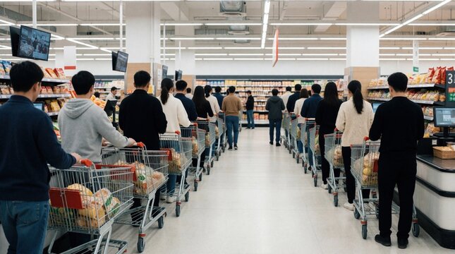 Queue of customers with shopping carts in modern supermarket aisle. People wait in line to pay for groceries during busy hours. Group of shoppers buy food, household goods at retail store. High