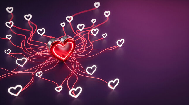 Glowing heart network connecting multiple smaller hearts with red lines