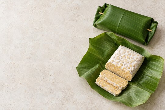 Tempeh Wrapped in Banana Leaf with Sliced Tempeh and Copy Space
