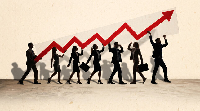 Business team holding up arrow graph representing growth and success