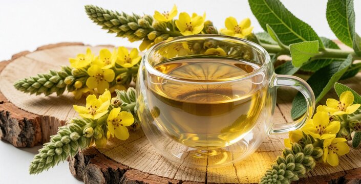 Glass cup of warm mullein herbal tea sits on rustic wooden board. Fresh yellow Verbascum thapsus flowers, green leaves surround drink. Natural organic infusion for wellness, healthy lifestyle in home