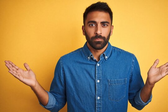 Young hispanic man with beard wears denim shirt. Confused expression, shrugs with hands raised. Male person shows doubt uncertainty against yellow background. Clueless guy asks question shows