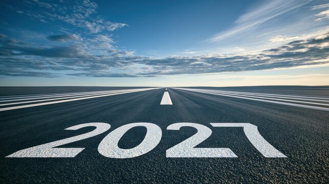 An empty airport runway with white markings for the year 2027. The view is from above, capturing the horizon and blue sky.