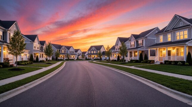 Aerial view of luxury suburban neighborhood at sunset. Modern two story single family houses line quiet cul de sac street. Colorful orange sky hangs over residential community with green lawns,