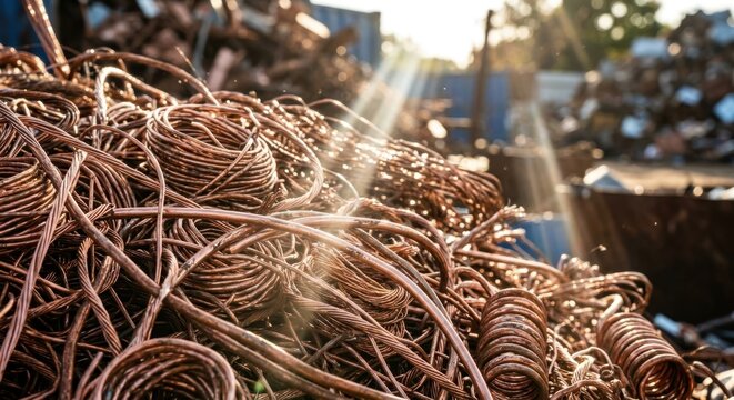Large pile of scrap copper wire at a recycling facility under bright sunbeams. Industrial metal waste and electrical cables ready for sustainable reclamation and processing.