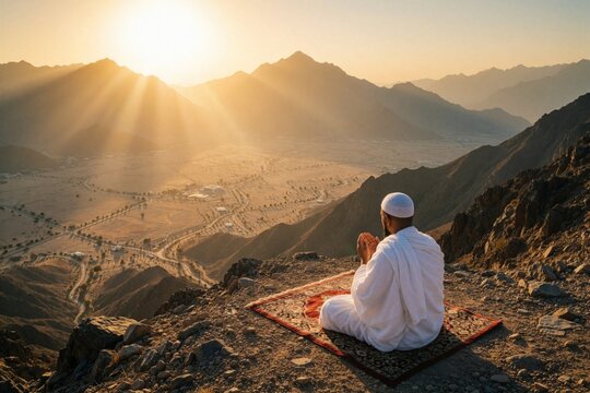 Muslim pilgrim prays on prayer mat atop rocky mountain during sunset. Man in white ihram clothes performs salah overlooking vast desert valley, hills. Spiritual hajj ritual in arafat at sunrise with