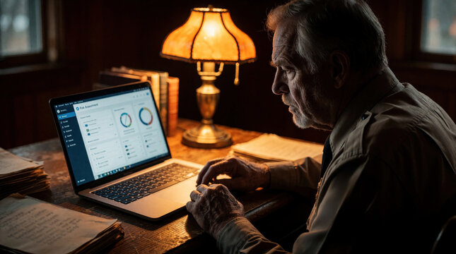 Senior male officer uses laptop at wooden desk in dim office. Elderly man reviews digital risk assessment dashboard with serious face. Warm lamp light illuminates paperwork, files. Pro works alone on