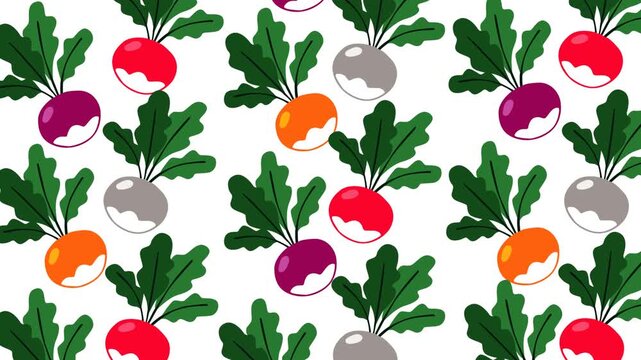 Colorful radish pattern animation featuring red, purple, orange, and white radishes with leafy green tops