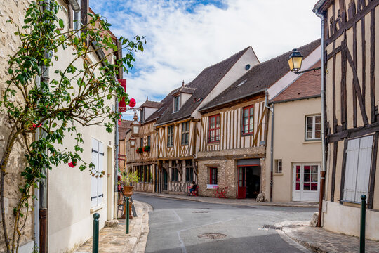 France: charming medieval half-timbered houses located on Rue Couverte in the upper town of the city of Provins, Seine-et-Marne.
