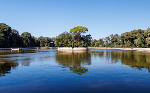 The Peschiera Grande in the gardens of the Royal Palace of Caserta, Italy, a vast ornamental fishpond created as part of the monumental Bourbon royal park.