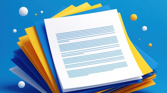 Stack of colorful paper sheets on blue background. White document with blue text lines on top. Concept of business invoice copy, file organization, quick document duplication, financial report