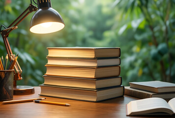 Obraz premium Education and academic research, stack of books on a wooden desk with a desk lamp and pencils in a home office setting for study and learning development