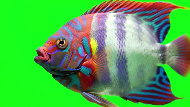 Animated tropical fish opening its mouth wide while swimming against a bright green screen background for video editing and composting