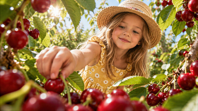 Little girl in yellow dress and straw hat picking fresh ripe red cherries in sunny orchard