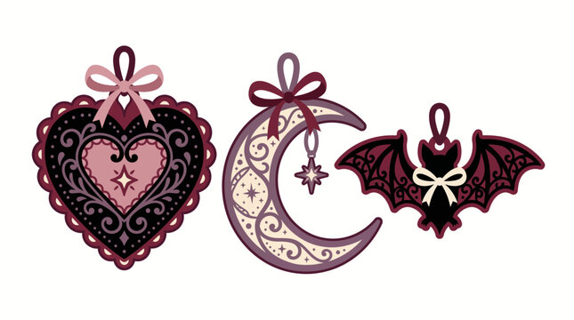 Set of decorative gothic style ornaments featuring heart moon and bat shapes with bows.
