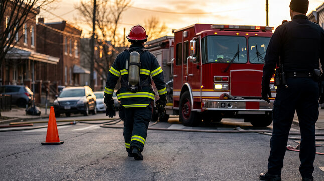 A firefighter walking toward red fire engine on city street during sunset