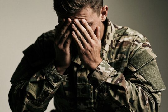 Young male soldier in camouflage army uniform hides face with hands. Sad man expresses grief, stress. Military person feels depression shame after war. Emotional portrait of unhappy warrior dealing