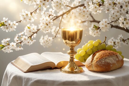 Golden chalice with glowing light sits near open bible, fresh bread, green grapes on white cloth. Spring cherry blossom branches decorate table. Christian communion elements symbolise holy sacrament,
