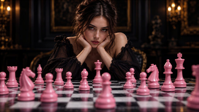 Beautiful young woman with intense gaze playing chess with pink pieces in an elegant, dark, moody interior