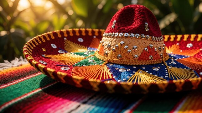 Vibrant mexican sombrero with colorful embroidery sits on traditional sarape blanket. Detailed folk art hat features bright patterns, shiny sequins. Authentic festive headwear for Cinco de Mayo