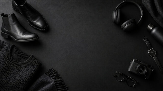 Minimalist flat lay of black lifestyle accessories including boots, headphones, camera, and watch on a dark background with central copy space.